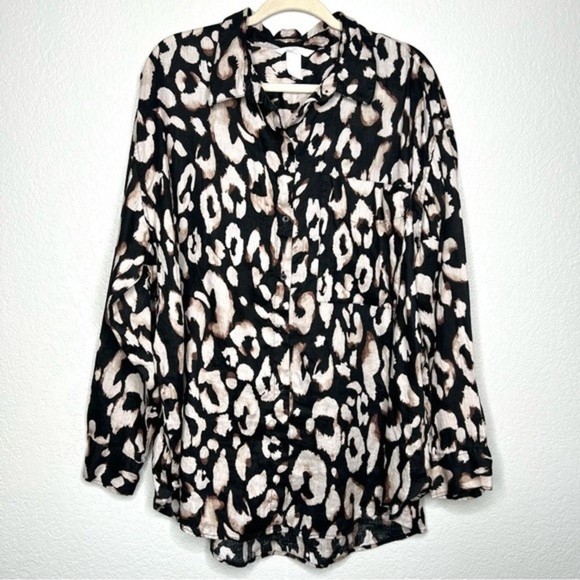 H&M Linen Black Leopard Print Button Down Shirt size XL - Picture 2 of 11
